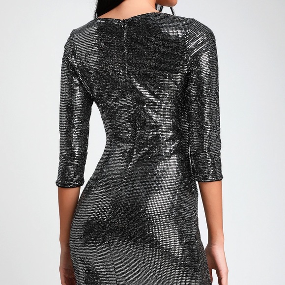 Lulus Jolie Silver Sequin Three-Quarter Sleeve Bodycon Dress - New W/O Tags 🎉🍾 - Picture 2 of 5
